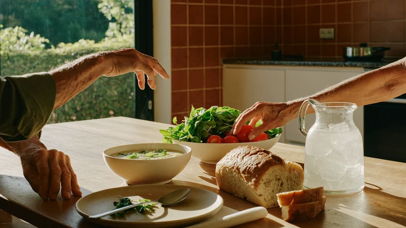 Tavola familiare in una cucina italiana luminosa, con zuppa, pane, verdure e acqua