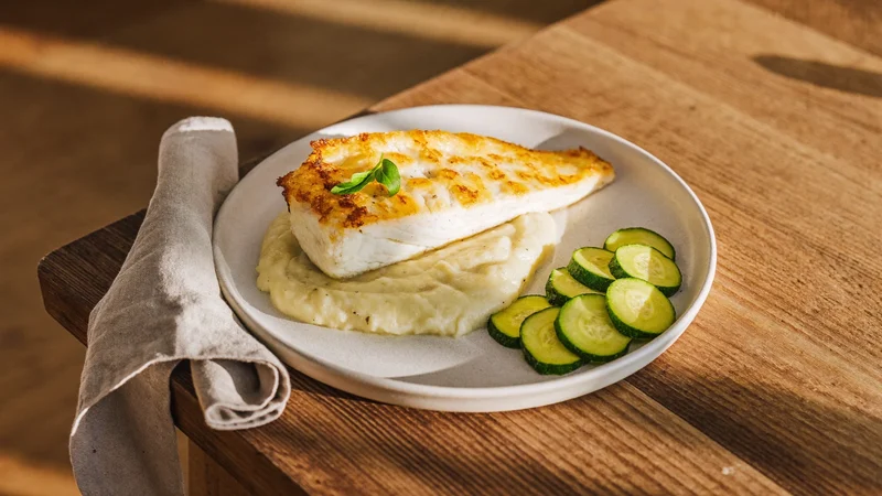 Filetto di pesce al forno con purè e zucchine al vapore su piatto semplice