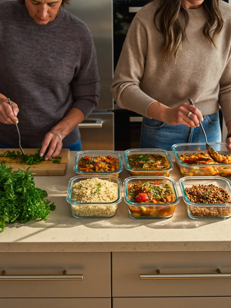 Contenitori di vetro con stufato di verdure, riso e lenticchie sul piano cucina