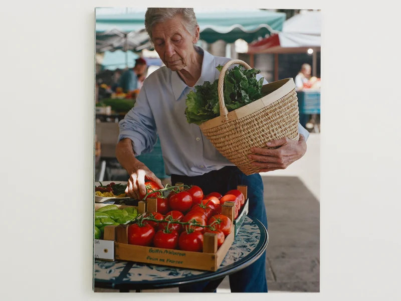 Mani anziane scelgono pomodori e verdure fresche a una bancarella del mercato