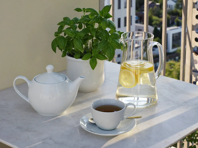 Teiera, tisana e brocca d'acqua con limone su un tavolo al sole