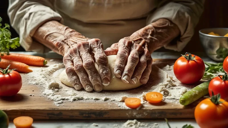 Mani esperte tagliano verdure su un tagliere di legno in cucina